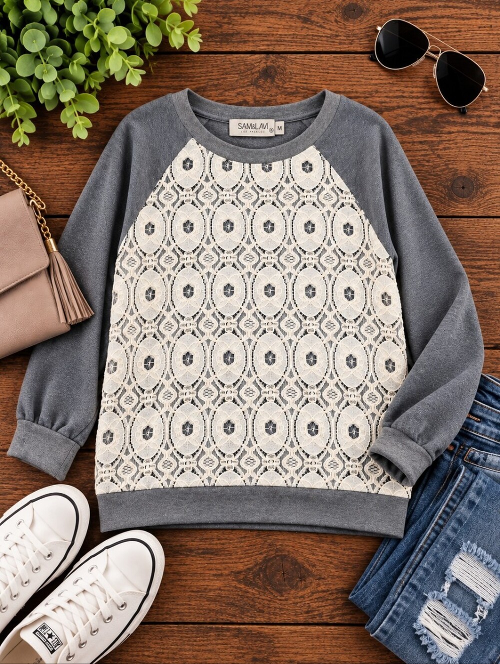 Sam & Lavi Los Angeles Gray Cotton Blend Sweater with Ivory Lace Bodice Size M